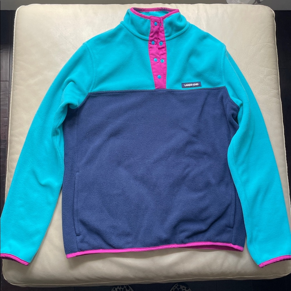 Lands' End Turquoise and Navy Fleece with Pink Trim